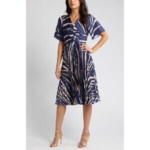 Maggy London Abstract Print Wrap Front Midi Dress Royal Navy Blue Bone Size 24W